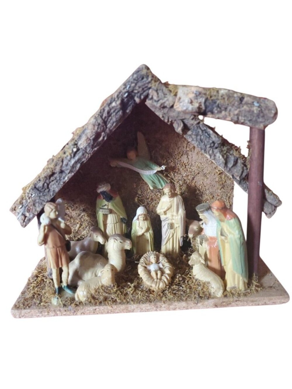 Handcrafted Nativity Scene With Wooden Stable & Figurines 9"x10" Rustic